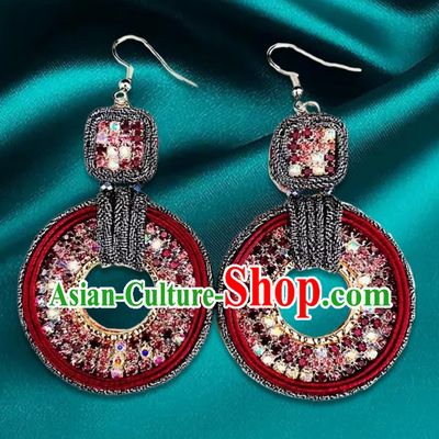 Burgundy Mongolian Fashion Geometric Diamond Encrusted Ethnic Style Earrings Women Earrings Exotic Style Ear Clips