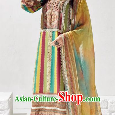 Indian Panchabi Yellow Three Piece Suit Tailored Exotic Women Clothing