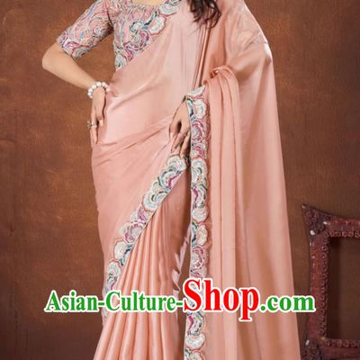 Pink Embroidered National Indian Saree With Diamonds Features Traditional Festival Party Women Wrap Skirt Sari