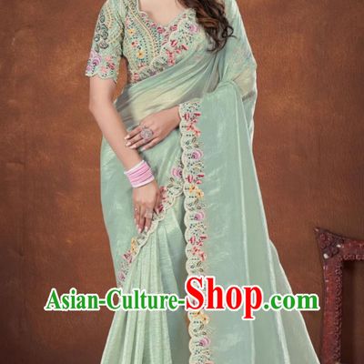 Light Green Embroidered National Indian Saree With Diamonds Features Traditional Festival Party Women Wrap Skirt Sari