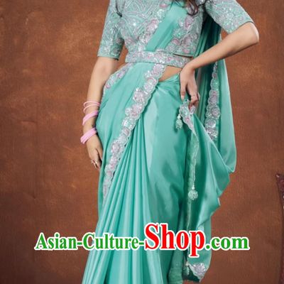 Green Embroidered National Indian Saree With Diamonds Features Traditional Festival Party Women Wrap Skirt Sari