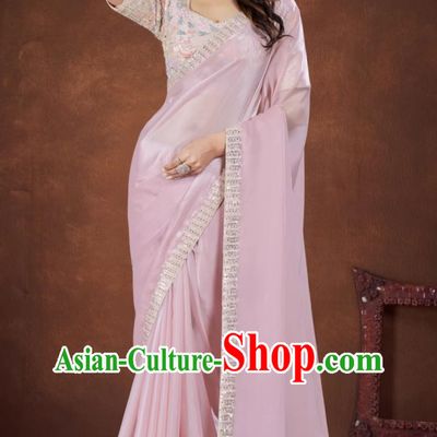 Light Pink Embroidered National Indian Saree With Diamonds Features Traditional Festival Party Women Wrap Skirt Sari