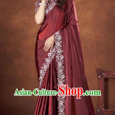 Maroon Embroidered National Indian Sari With Diamonds Features Traditional Festival Party Women Wrap Skirt Sari