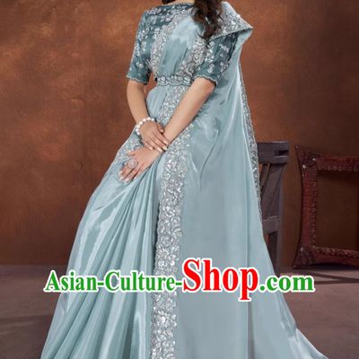Sky Blue Embroidery With Diamonds National Indian Saree Features Traditional Festival Party Women Wrap Skirt Sari