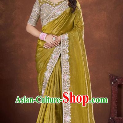 Ginger Embroidered National Indian Saree With Diamonds Features Traditional Festival Party Women Wrap Skirt Sari