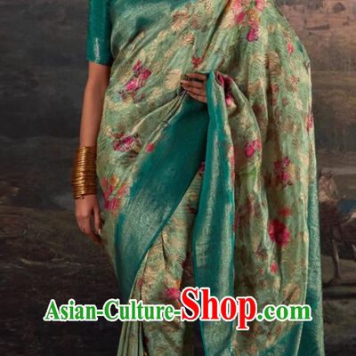 Dark Green Indian Saree Features Traditional Silk Print National Ladies Wrap Skirt Sari Daily Festival Wear