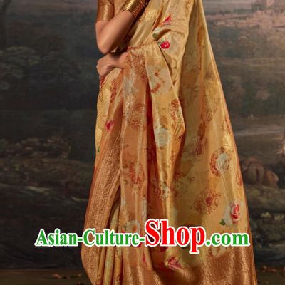 Ginger Indian Saree Features Traditional Silk Print Ethnic Wrap Skirt Sari For Ladies Daily Festive Wear