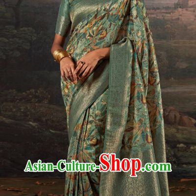 Olive Green Indian Saree Features Traditional Silk Print National Ladies Wrap Skirt Sari Daily Festival Wear