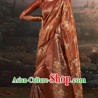 Rust Red Indian Saree Features Traditional Silk Print National Ladies Wrap Skirt Sari Daily Festival Wear