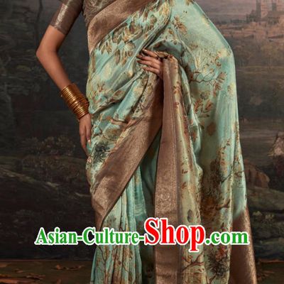 Light Green Indian Saree Features Traditional Silk Print National Ladies Wrap Skirt Sari Daily Festival Outfit