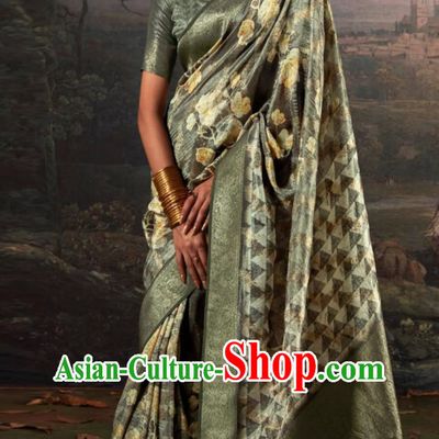 Green Indian Saree Features Traditional Silk Print National Ladies Wrap Skirt Sari Daily Festival Wear