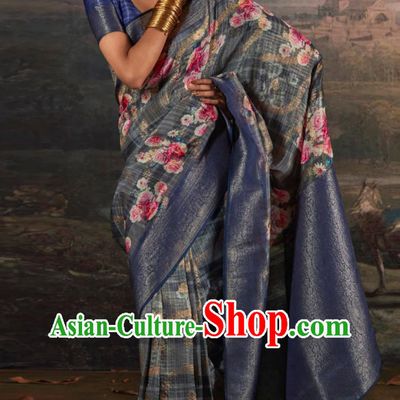 Navy Blue Indian Saree Features Traditional Silk Printed National Women Wrap Skirt Sari Daily Festival Wear