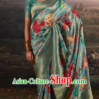 Sky Blue Indian Saree Features Traditional Silk Print National Ladies Wrap Dress Daily Festive Wear