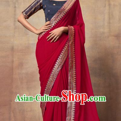 Indian Saree National Women Red Wrap Skirt Sari Embroidery