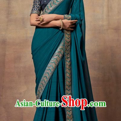 Indian Saree National Women Peacock Blue Wrap Skirt Sari Embroidery