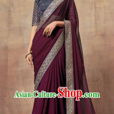 Indian Saree National Women Purple Red Green Wrap Skirt Sari Embroidery