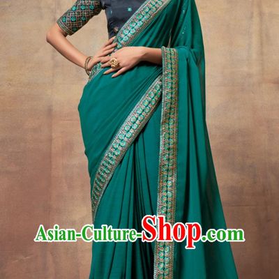 Indian Saree National Women Turquoise Green Wrap Skirt Sari Embroidery