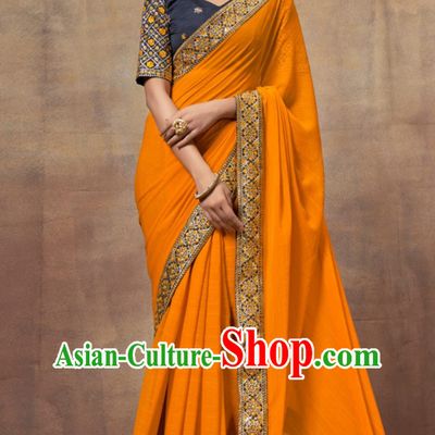 Indian Saree National Women Orange Wrap Skirt Sari Embroidery