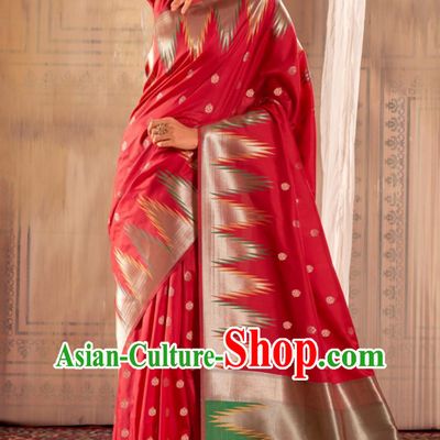 Red Indian Saree Silk Jacquard National Ladies Wrap Skirt Sari Traditional Festival Party Outfit