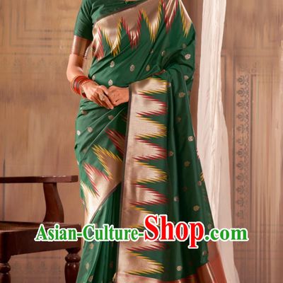 Dark Green Indian Saree Silk Jacquard National Women Wrap Skirt Sari Traditional Festival Party Wear