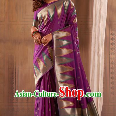 Purple Indian Saree Silk Jacquard National Ladies Wrap Skirt Sari Traditional Festival Party Outfit