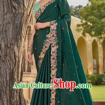 Hollow Embroidery Indian Saree National Women Dark Green Wrap Skirt Sari Festival Party Outfit