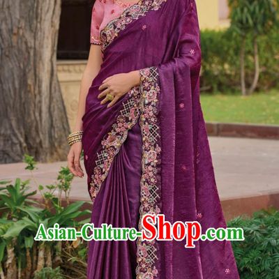 Hollow Embroidery Indian Saree National Ladies Purple Wrap Skirt Sari Festival Party Outfit