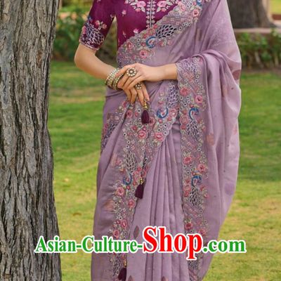 Hollow Embroidery Indian Saree National Ladies Violet Wrap Skirt Sari Festival Party Outfit