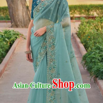 Hollow Embroidery Indian Saree National Ladies Sky Blue Wrap Skirt Sari Festival Party Outfit