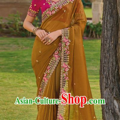 Hollow Embroidery Indian Saree National Ladies Ginger Wrap Skirt Sari Festival Party Outfit