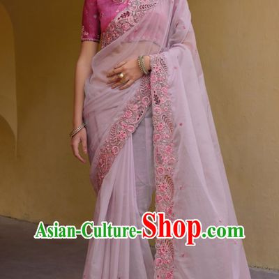 Hollow Embroidery Indian Saree National Women Pink Wrap Skirt Sari Festival Party Outfit