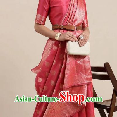 Rose Red Indian Saree Silk Jacquard Traditional National Festive Women Wrap Skirt Sari