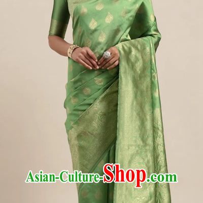 Green Indian Saree Silk Jacquard Traditional National Festive Women Wrap Skirt Sari