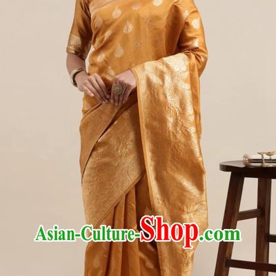 Ginger Indian Saree Silk Jacquard Traditional National Festive Women Wrap Skirt Sari