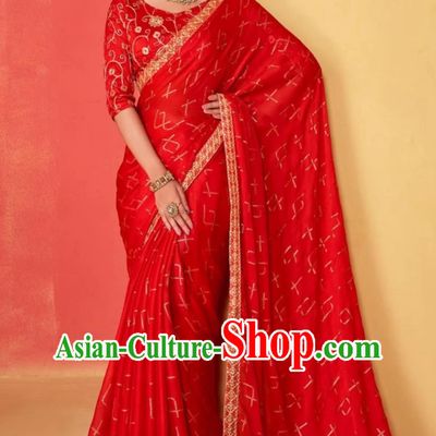 Big Red Chiffon Embroidered National Indian Saree Wedding Festival Party Wrap Dress
