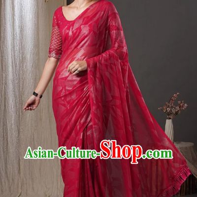 Big Red National Indian Saree Fringe Festival Party Traditional Ladies Wrap Skirt Sari