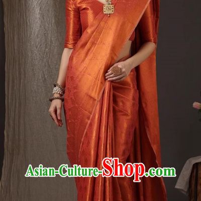 Orange Silk Blended Jacquard Indian Sari Solid Color National Daily Women Wrap Skirt Sari