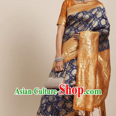 Indian Saree Navy Silk Blend National Jacquard Traditional Women Wrap Skirt Sari Festival Party Wear