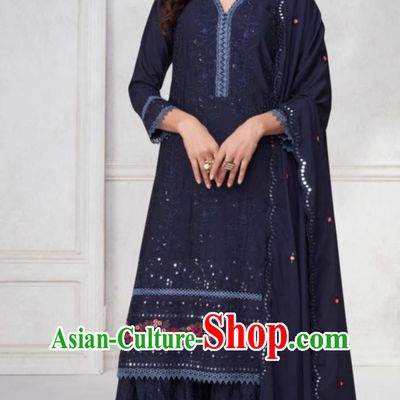 Navy Blue Indian Panchabi Three Piece National Embroidered Traditional Women Clothing