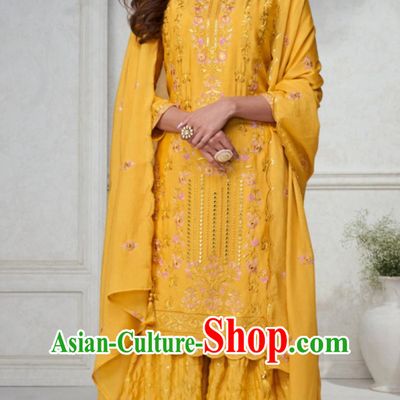 Yellow Indian Parajabi Three Piece National Embroidered Traditional Women Clothes