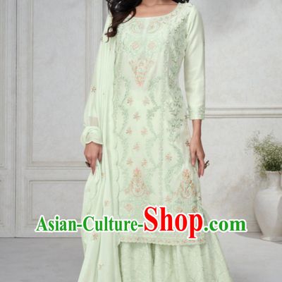 Light Green Indian Panjabi Three Piece National Embroidered Traditional Women Clothing