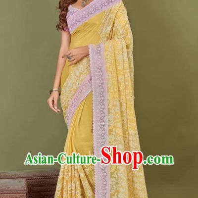 Light Yellow Chiffon Indian Sari Embroidered National Ladies Wrap Skirt Sari