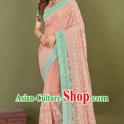 Peach Pink Chiffon Indian Saree Embroidered National Ladies Wrap Skirt Sari