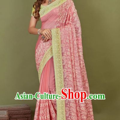 Watermelon Red Chiffon Indian Saree Embroidered National Ladies Wrap Skirt Sari