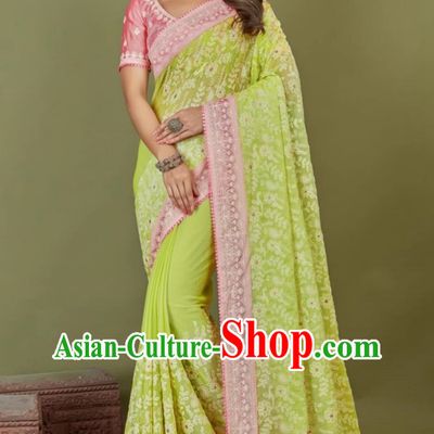 Emerald Green Chiffon Indian Saree Embroidered National Ladies Wrap Skirt Sari
