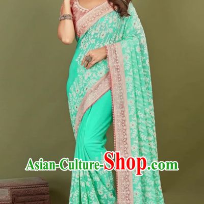Lake Green Chiffon Indian Sari Embroidered National Ladies Wrap Skirt Sari