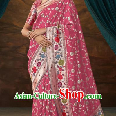 Pink Indian Saree National Women Wrap Skirt Sari Dress Premium Silk Jacquard Clothes