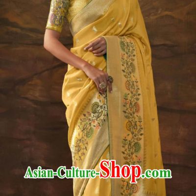 Yellow Indian Saree National Women Wrap Skirt Sari Dress Premium Silk Jacquard Clothes