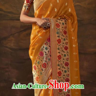 Orange Indian Saree National Women Wrap Skirt Sari Dress Premium Silk Jacquard Clothes