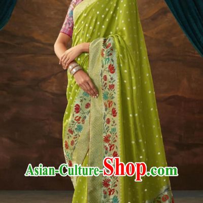 Light Green Indian Saree National Women Wrap Skirt Sari Dress High End Silk Jacquard Clothing